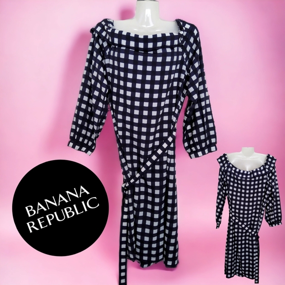 NWT!! Banana Republic Popular Navy Blue White Squares Off The Shoulder Dress!!💖 - Picture 4 of 11
